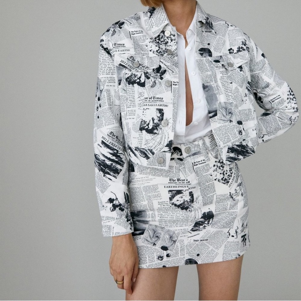 REFORMATION NEWSPAPER DENIM SKIRT